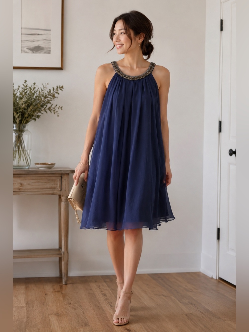 The Limited blue chiffon beaded halter-neck trapeze dress size M